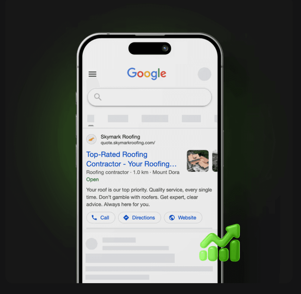 Google search result on a phone showing a top-rated roofing contractor listing with call, directions, and website buttons