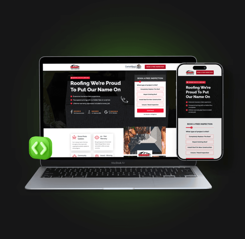 A roofing company's branded landing page shown on a laptop and phone, with a 'Book a free inspection' funnel in the contractor's own colors