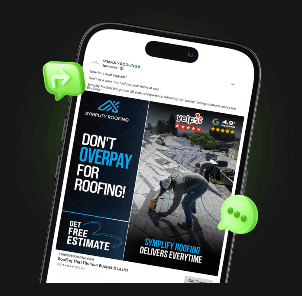 Facebook sponsored roofing ad on a phone with a 'Don't overpay for roofing' creative and a free-estimate call to action